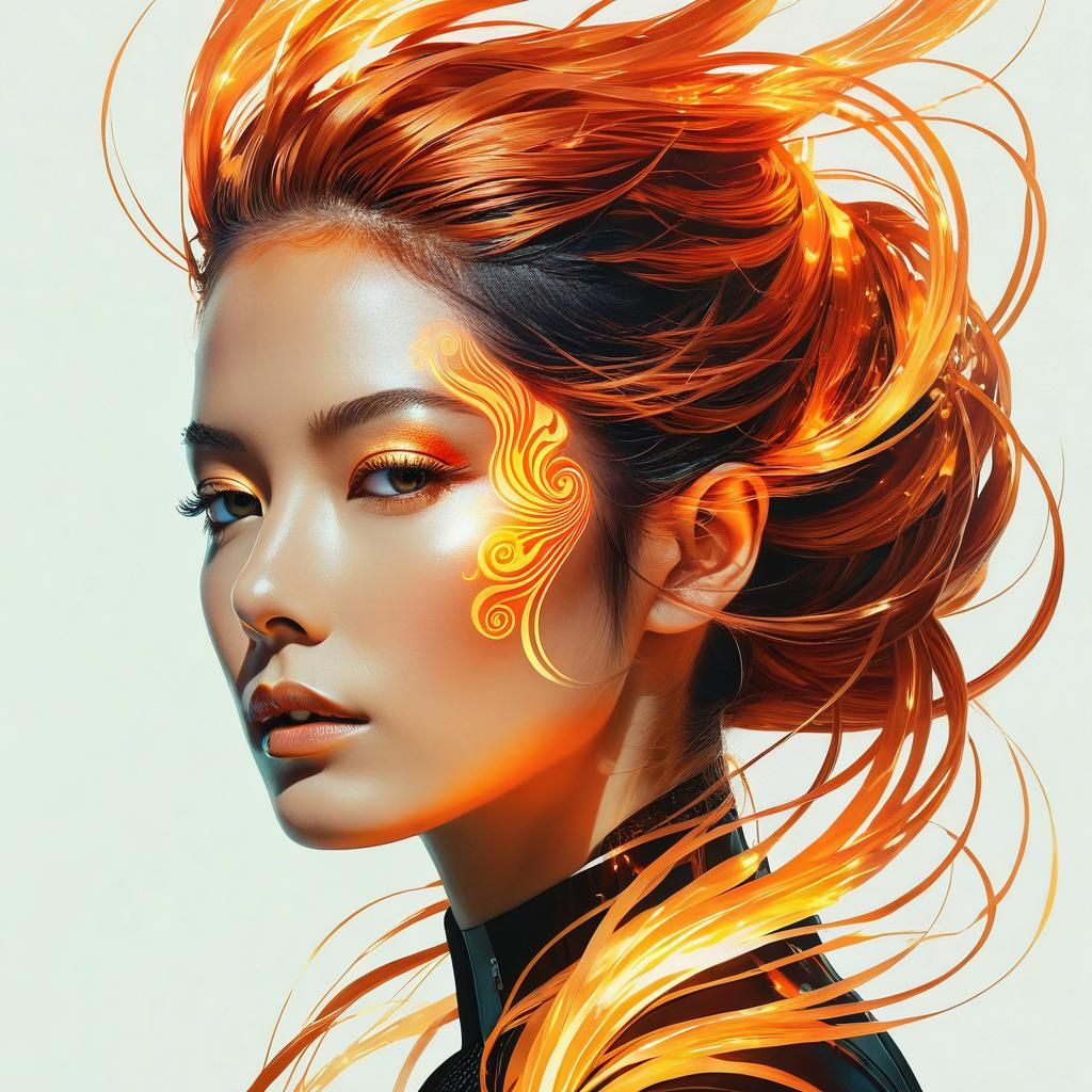Biopunk Android with Flowing Flaming Hair