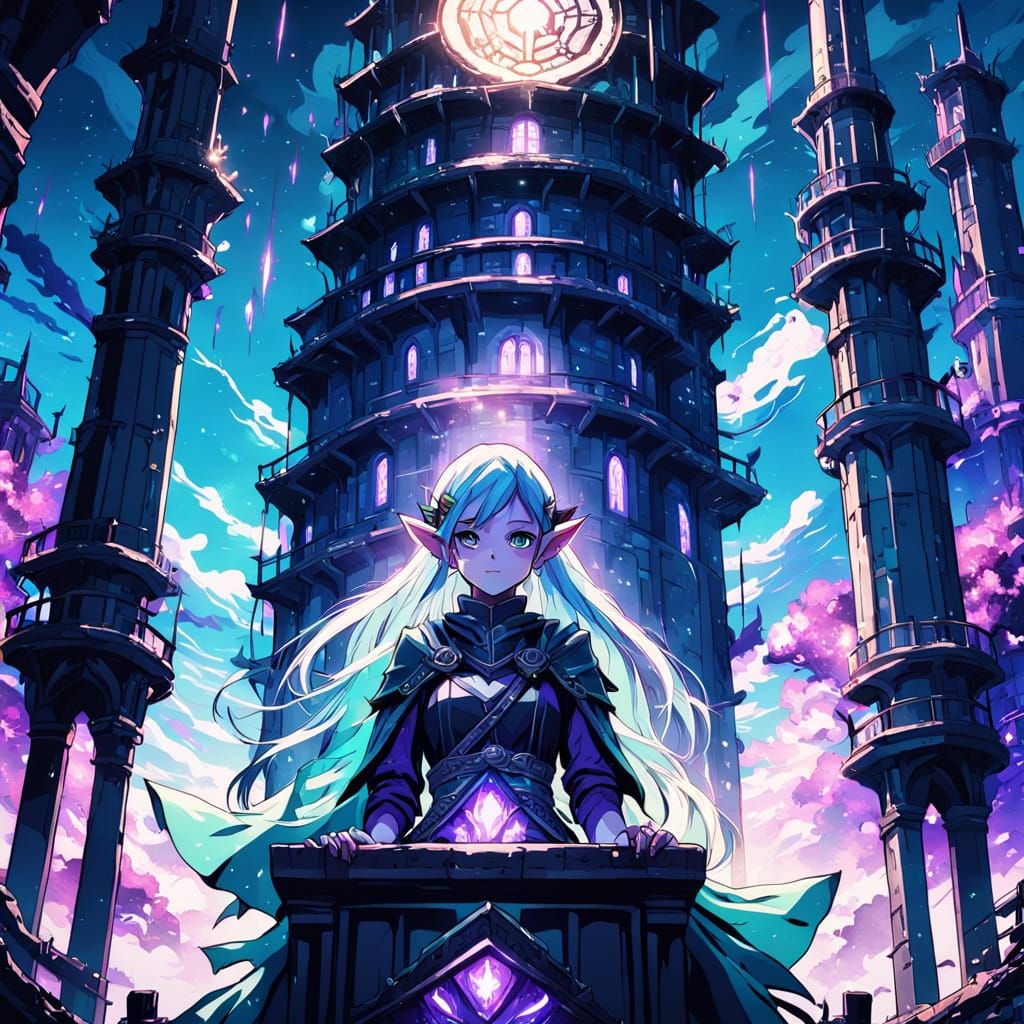 Anime Elf Woman on Tower with Magical Aura