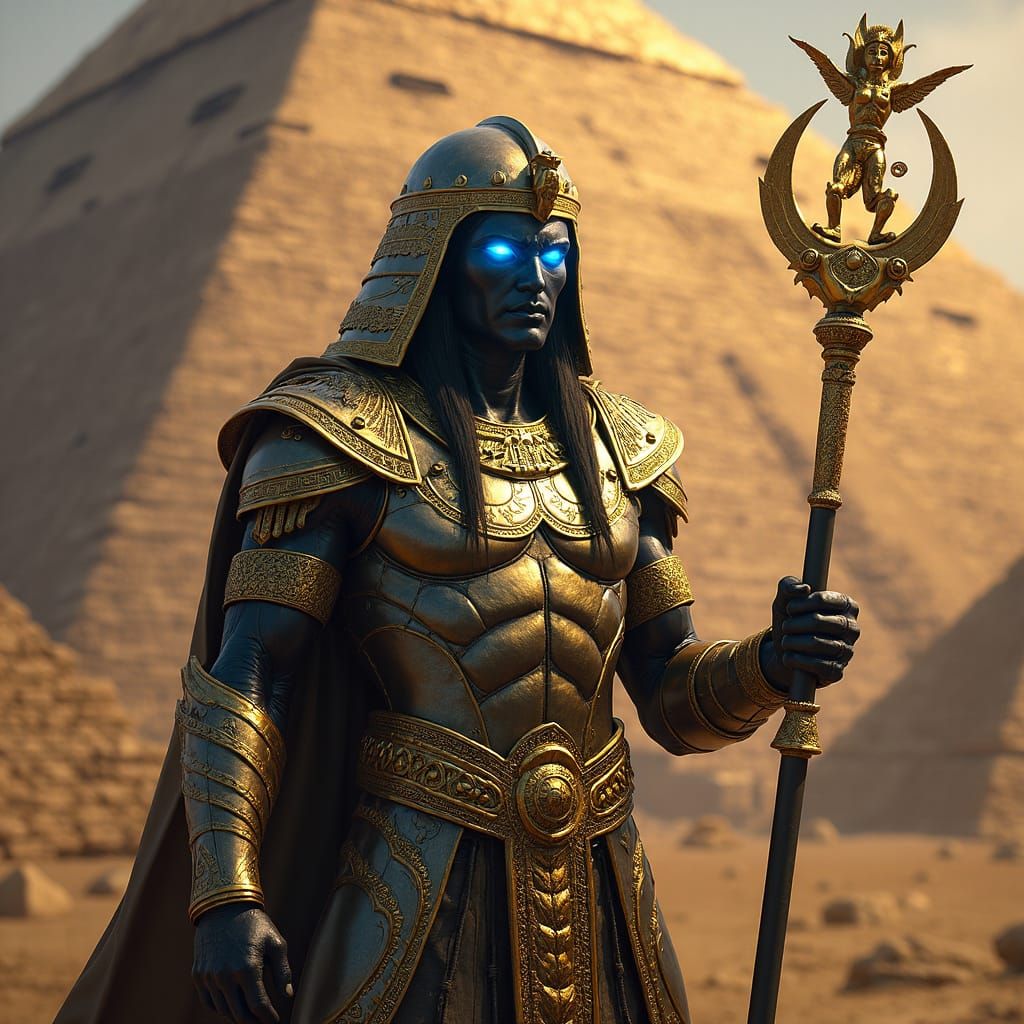 Ancient Egyptian Warrior with Glowing Eyes and Golden Staff