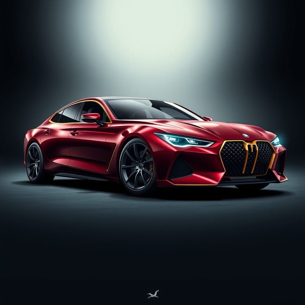 Luxurious Maroon Sedan with Gold Trim in Futuristic Style