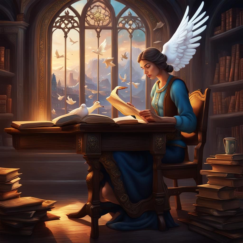 Woman Reading with Dove: Disney Fantasy Art