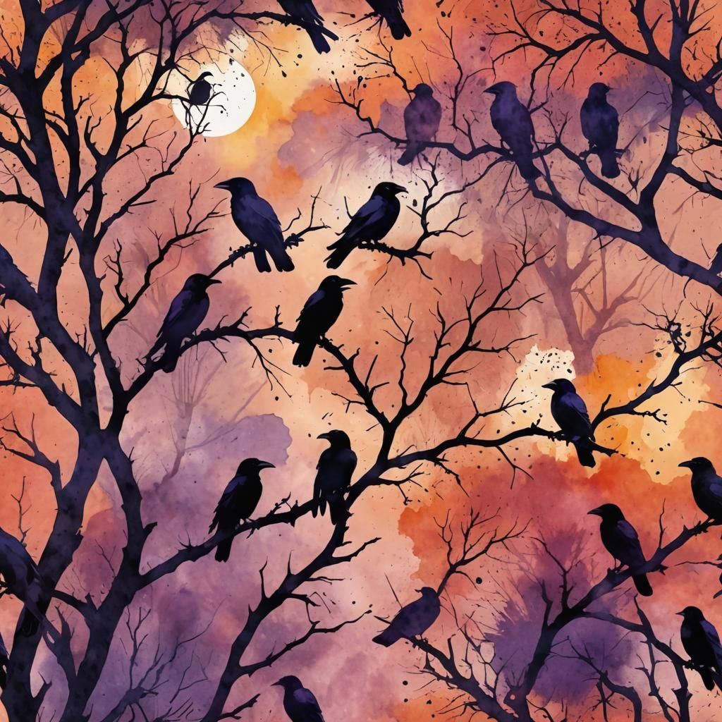 Ravens in Desert Canyon: Watercolor Silhouette