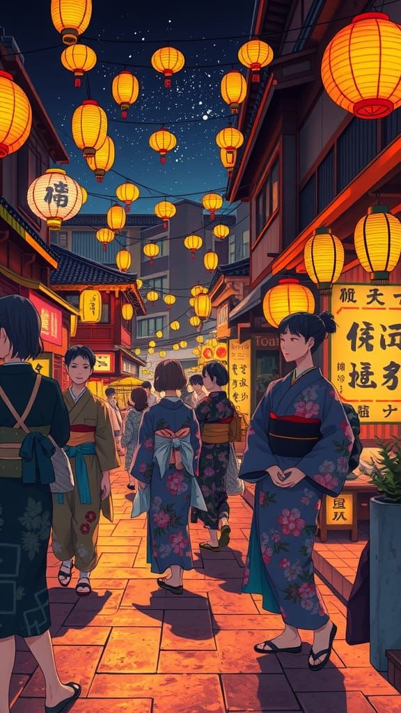 Traditional Japanese Night Market in Whimsical Anime Style