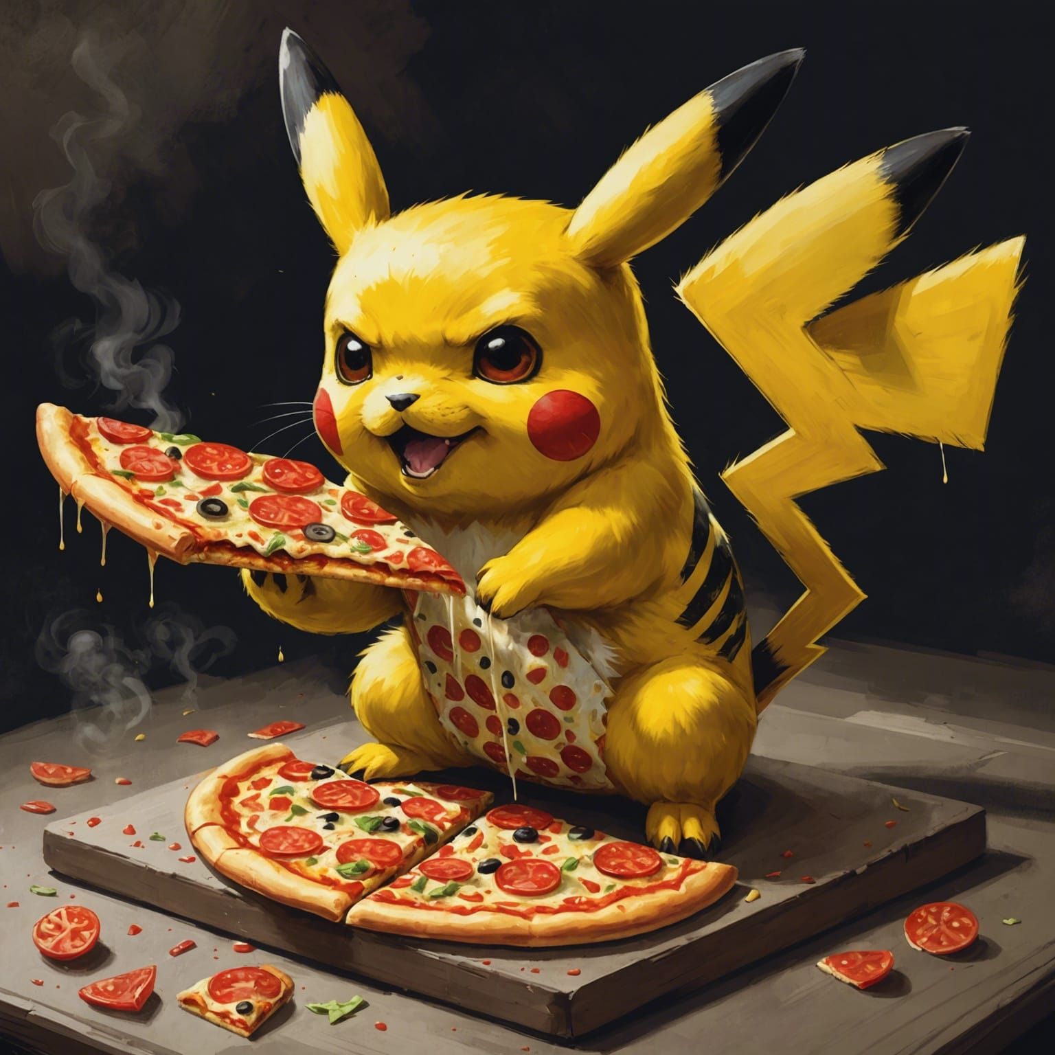 Sinister Pikachu Eating Pizza by Rutkowski