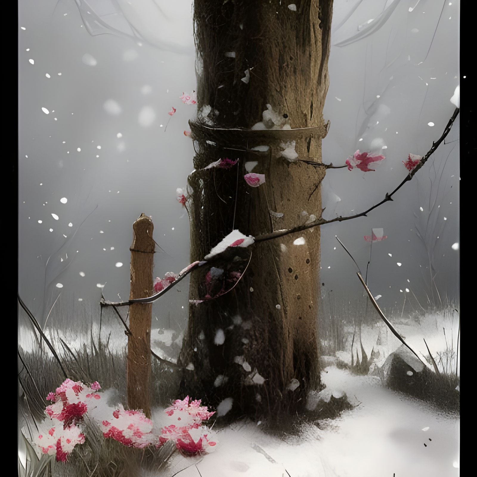 Sinister Fence Post in Snowy Blossom Landscape