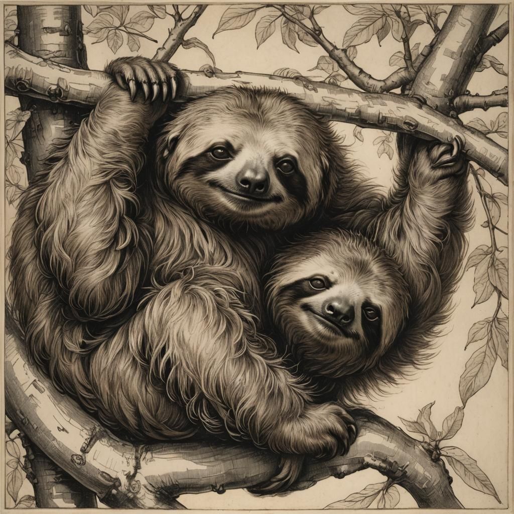 Sleepy Sloth in Renaissance Sanguine Drawing
