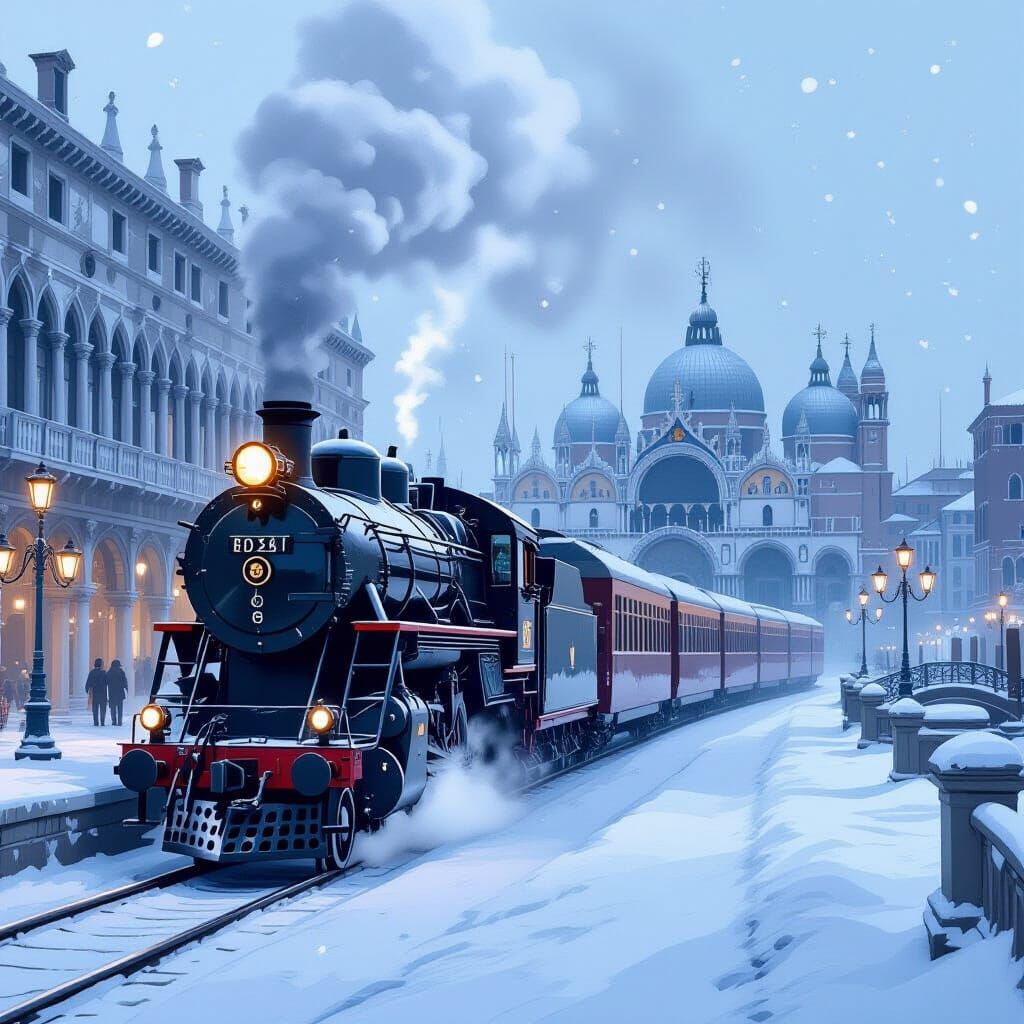 Snow-Covered Steam Train Arrives in Venice