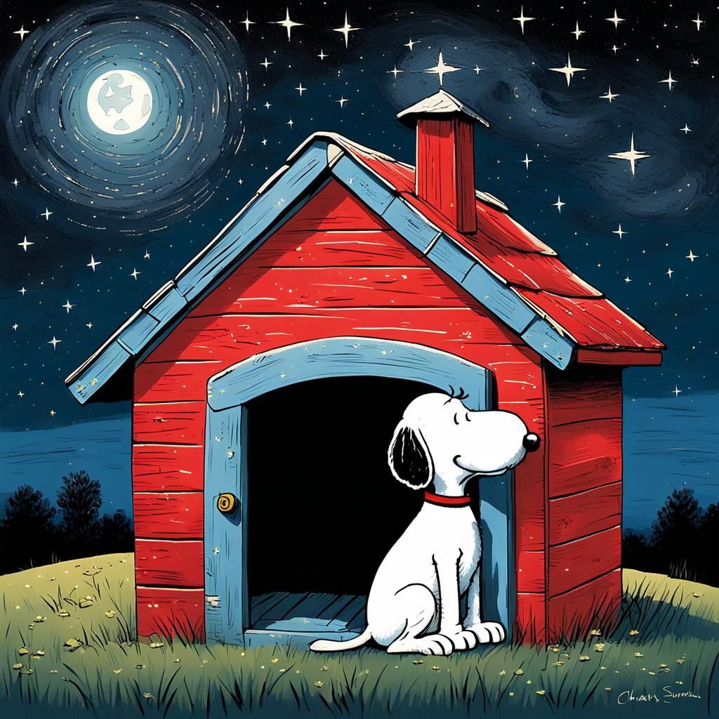 Snoopy Under Starry Night Sky in Comic Style