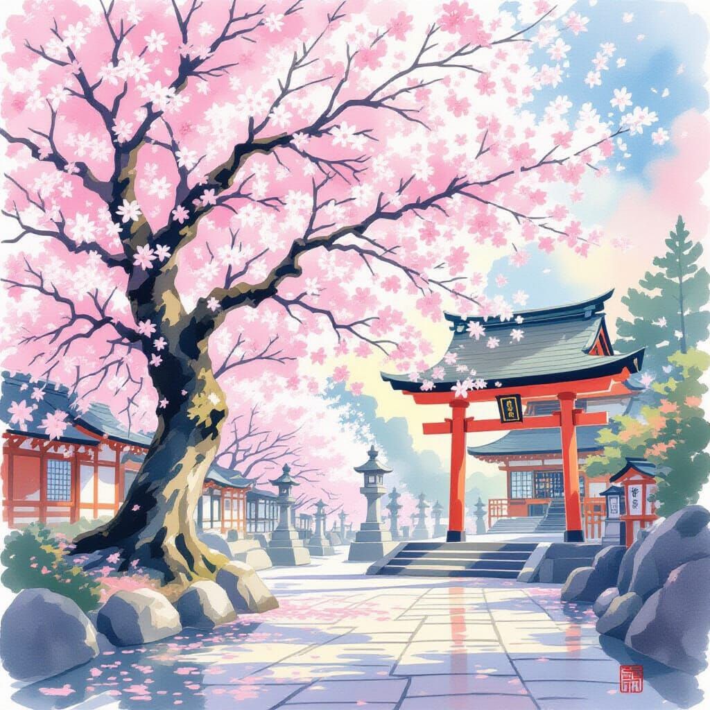 Ancient Sakura Tree and Shrine in Watercolor Style