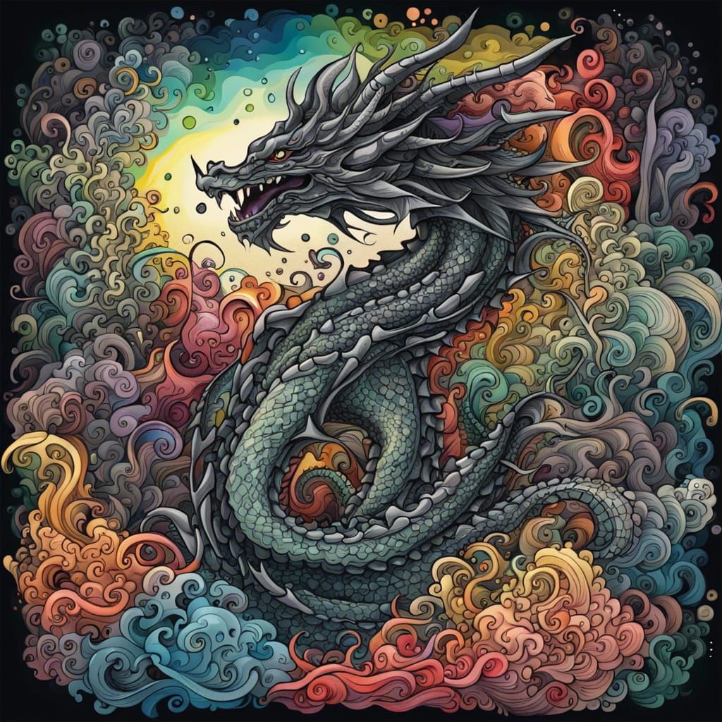 Epic Undersea Dragon in Black and Color Ink