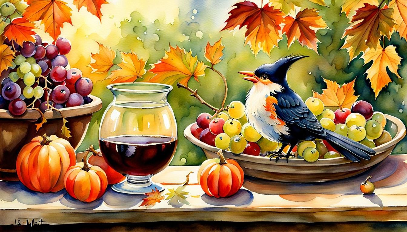 Gnome and Blackbird Stealing Grapes: Watercolor Painting