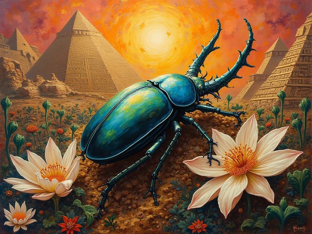 Vibrant scarab beetle, amidst swirling Egyptian hieroglyphics, pyramids, and mystical lily flowers, set against a sunset...