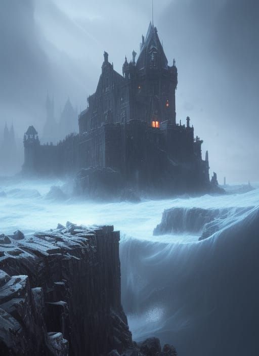 Gothic Castle on Snowy Cliff: Dark Fantasy Art