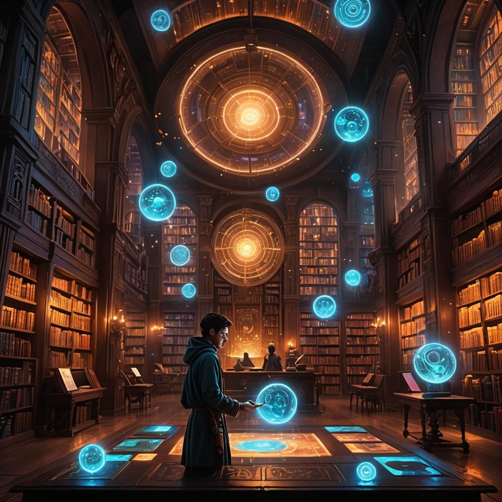 Mystical AI Learning in a Cyberpunk Library