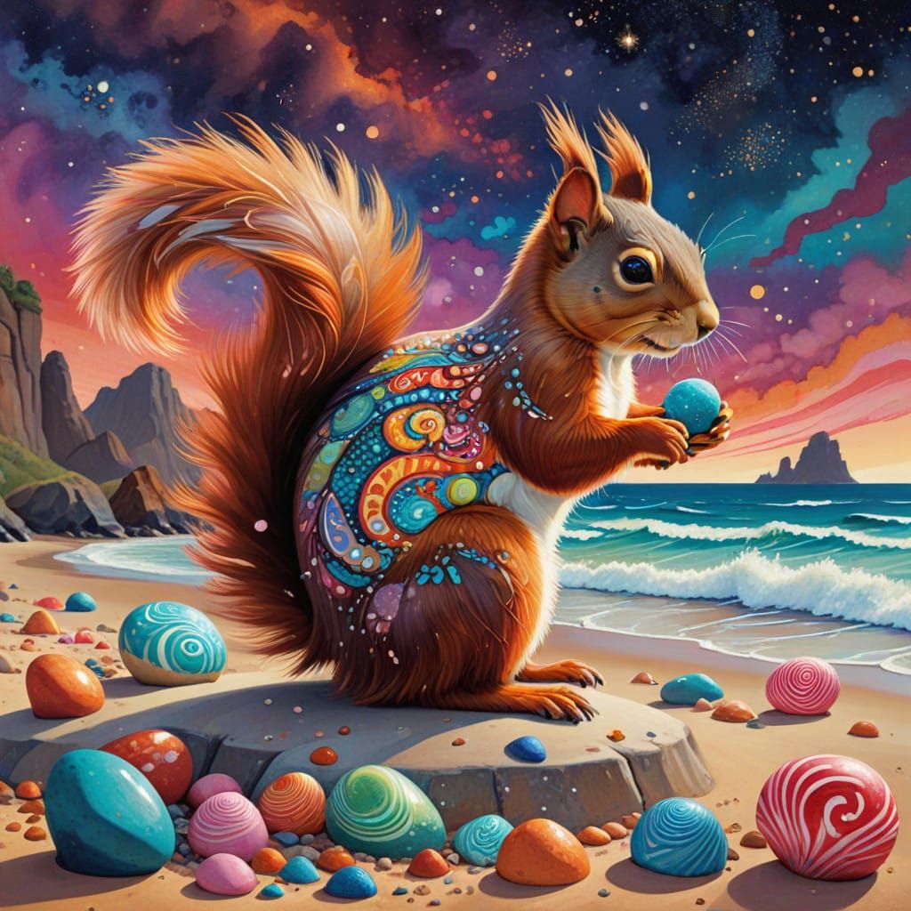 Majestic Squirrel in Whimsical Beach Scene with Shiny Rocks....