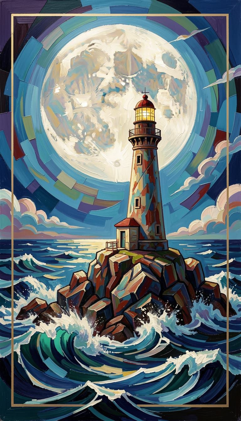 Lighthouse in Stormy Seas: Neo-Impressionist Cubist Oil Pain...