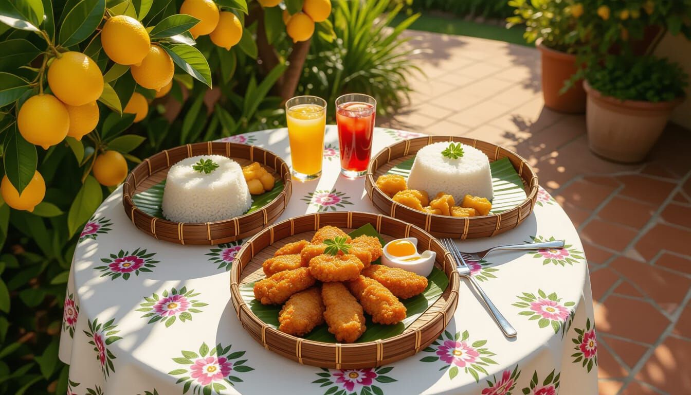 Joyful Rural Feast: Pork, Sticky Rice, and Drinks