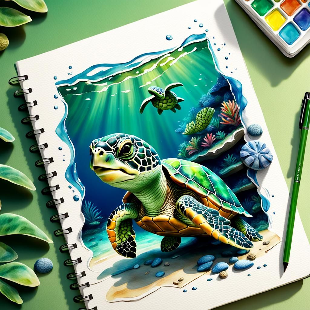 Adorable Baby Turtle with Notebook: Watercolor Painting