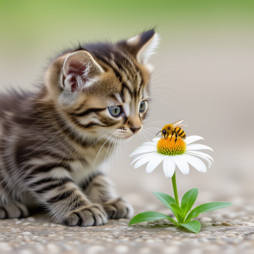Cute Kitten Gazes at Flower with Bee Inside
