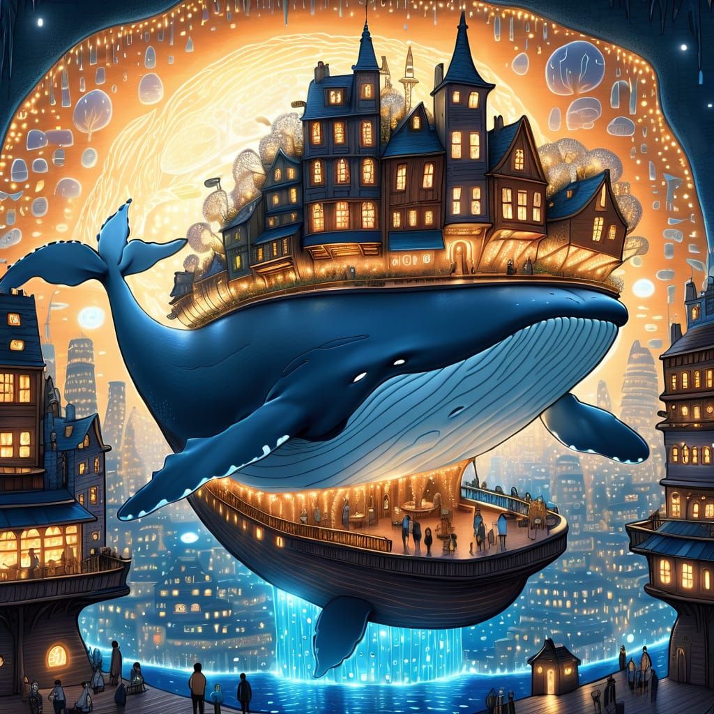 Miniature City on Whale's Back: Miyazaki-Inspired Sketch