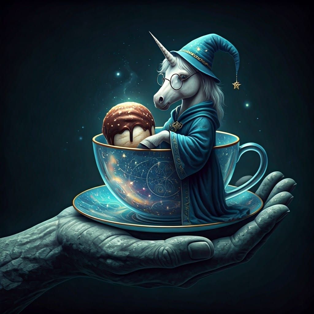 Unicorn Wizard Enjoys Marshmallow in Crystal Teacup
