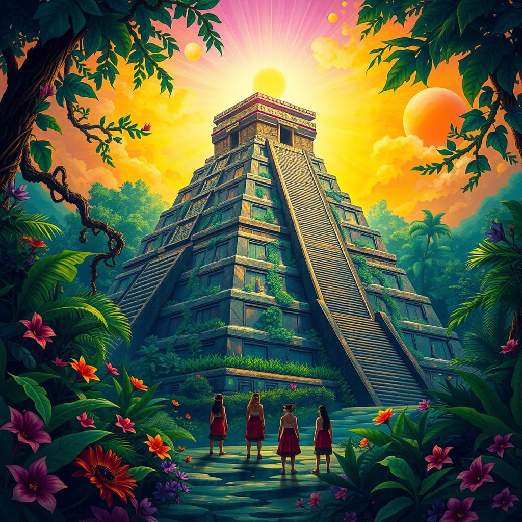 Ethereal Mayan-Aztec Pyramid in Vibrant Jungle