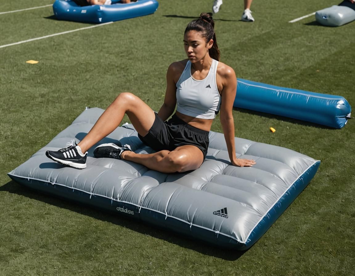 Woman in Adidas Shorts Resting on Air Mattress