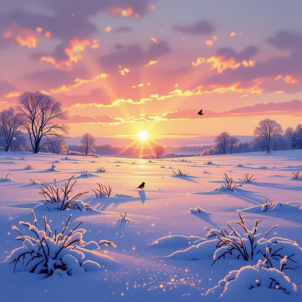 Enchanting Meadow at Dawn with Sparkling Snow
