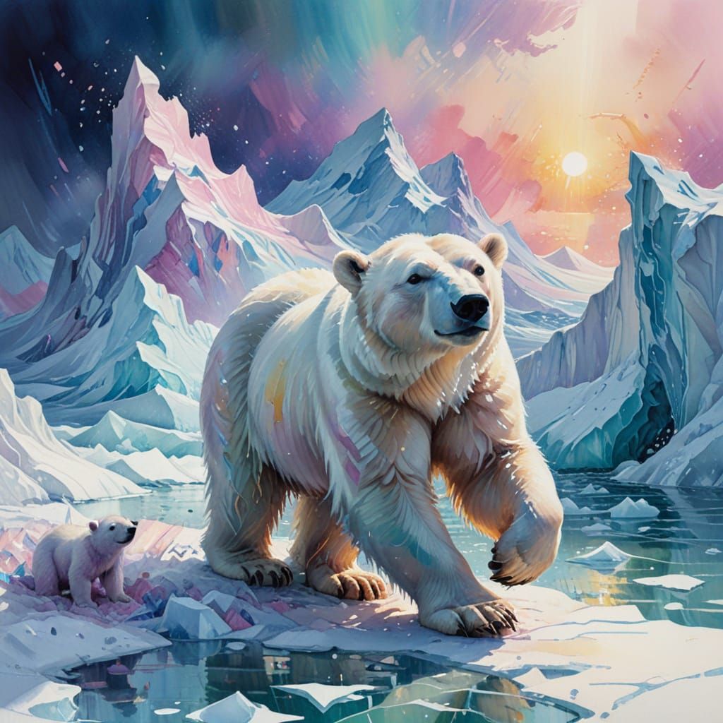 Polar Bears Under Aurora: Neo-Impressionist Oil Painting