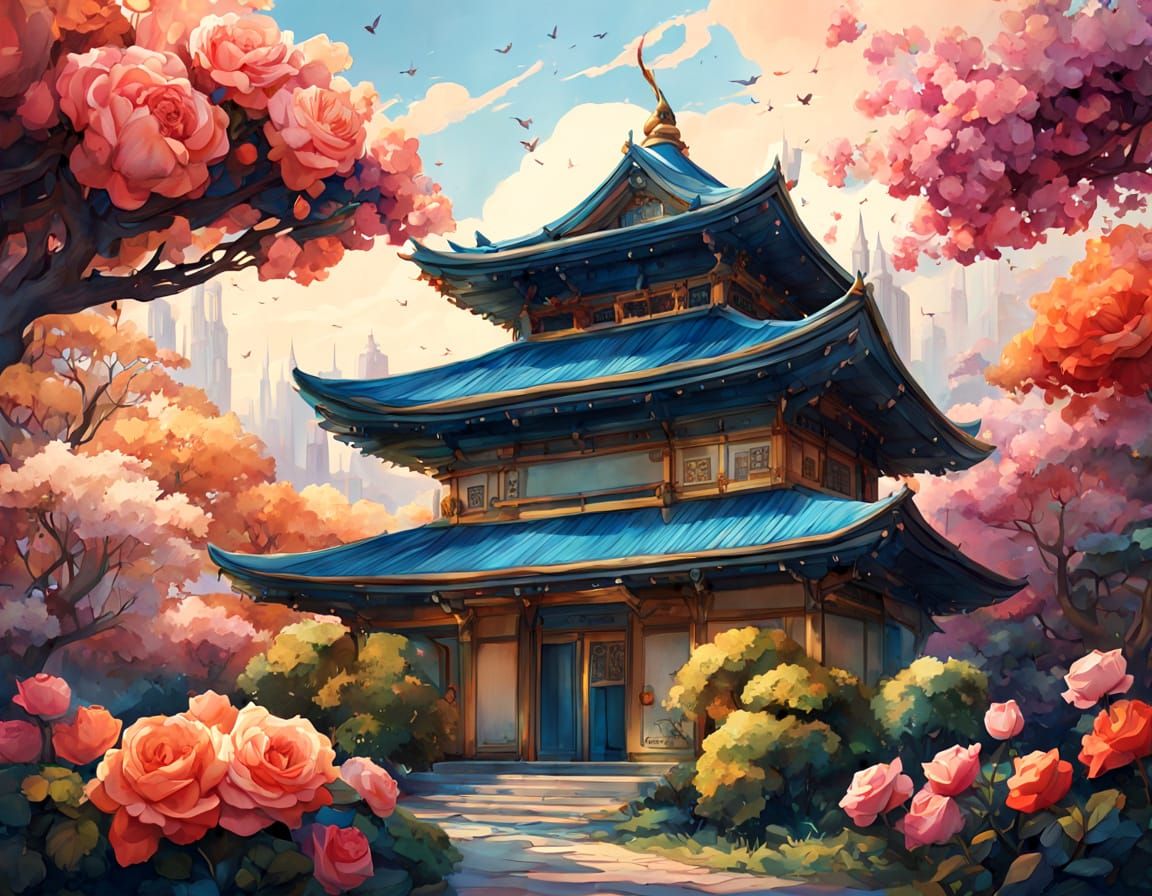 Japanese Tea House Birdhouse in Watercolor Style