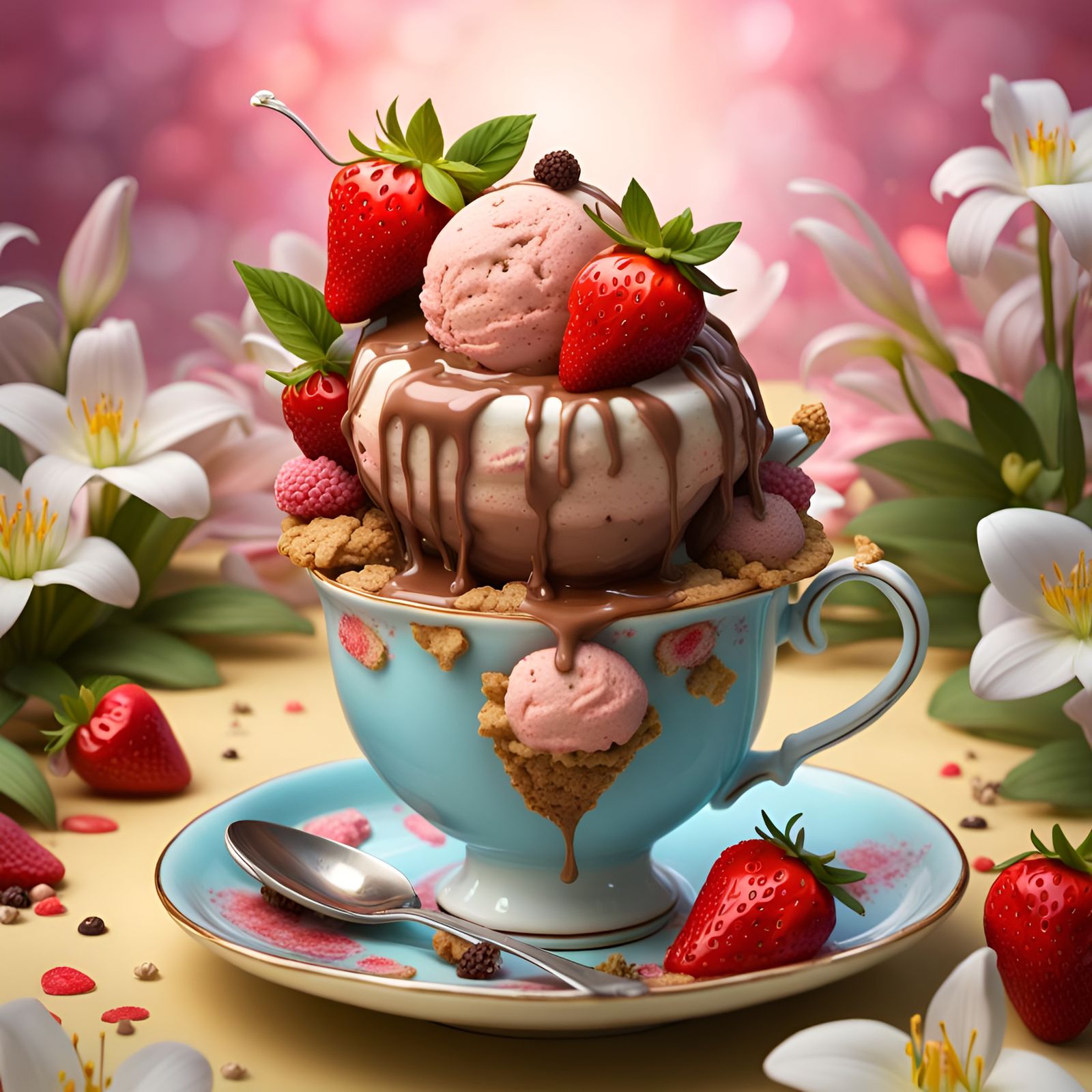 A whimsical stylized strawberry chocolate caramel  ice cream .