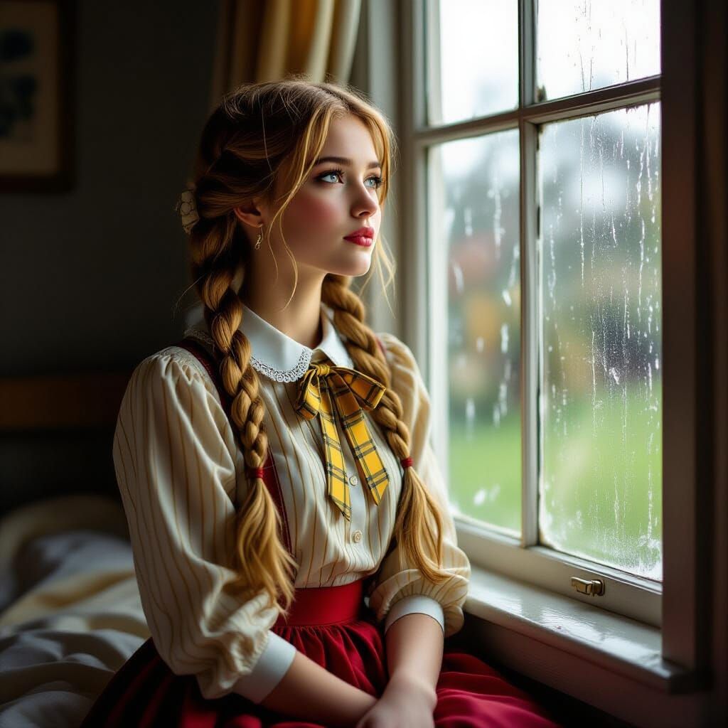Young Woman Gazes From Rain-Streaked Window in Cozy Bedroom