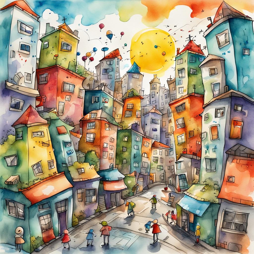 Whimsical Cityscape in Watercolor and Ink