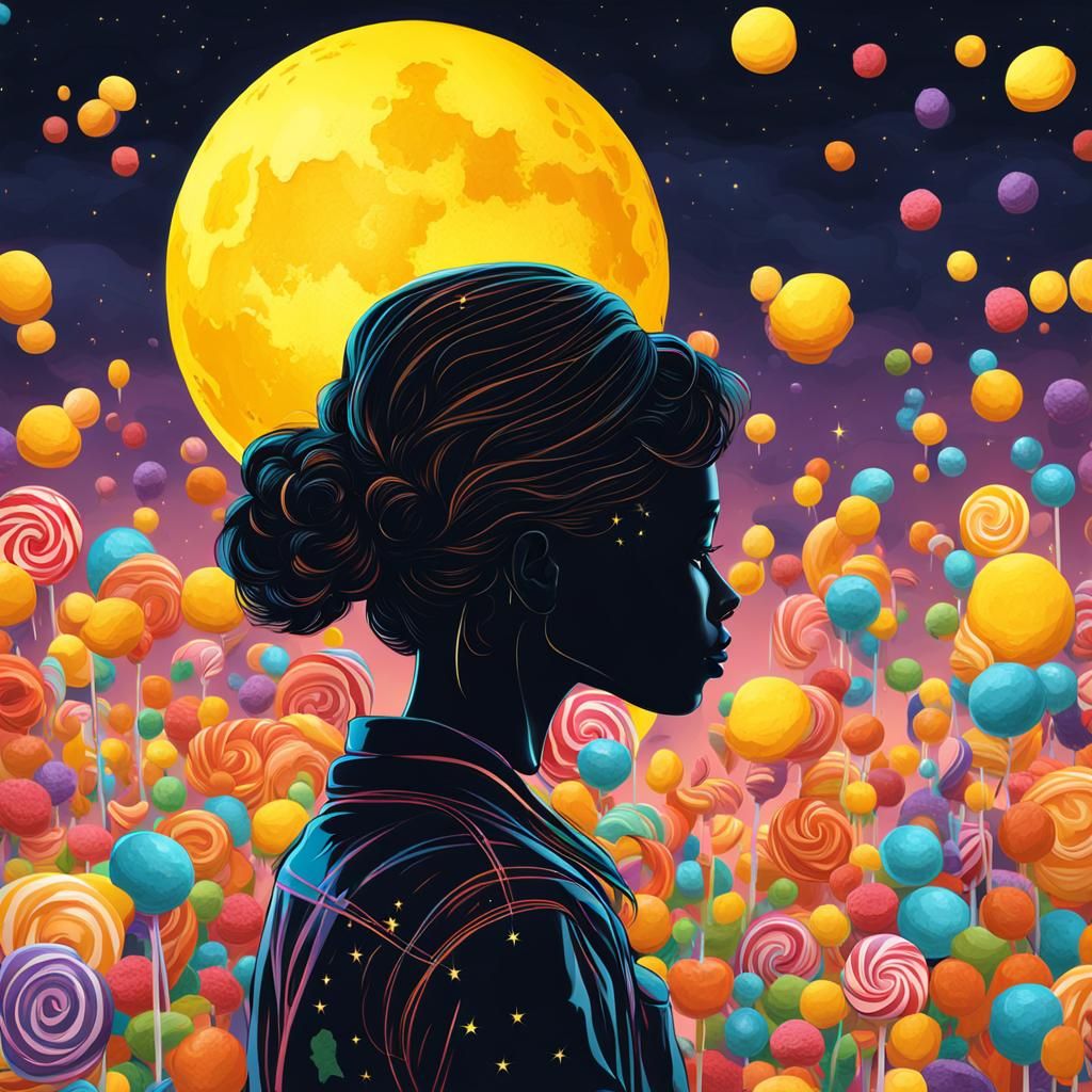 Woman's Silhouette with Moon in Candy Art Style