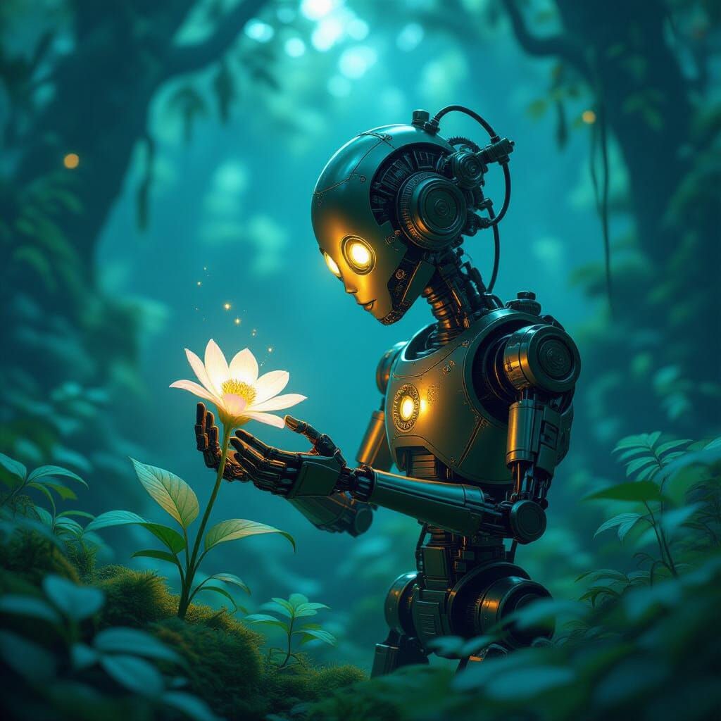 Brass Automaton in Bioluminescent Forest Concept Art
