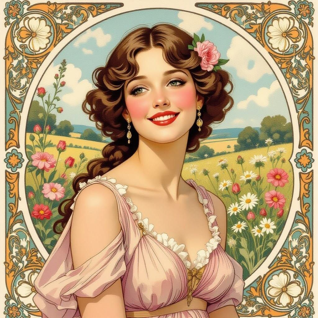 European Woman in Art Nouveau Spring Landscape