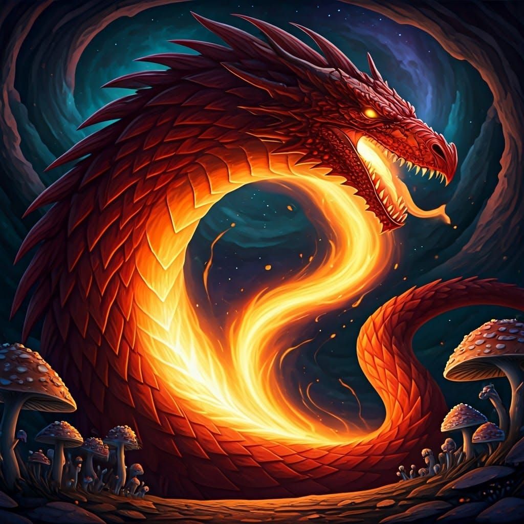 Ethereal Red Dragon Transcends Myth in Cosmic Harmony