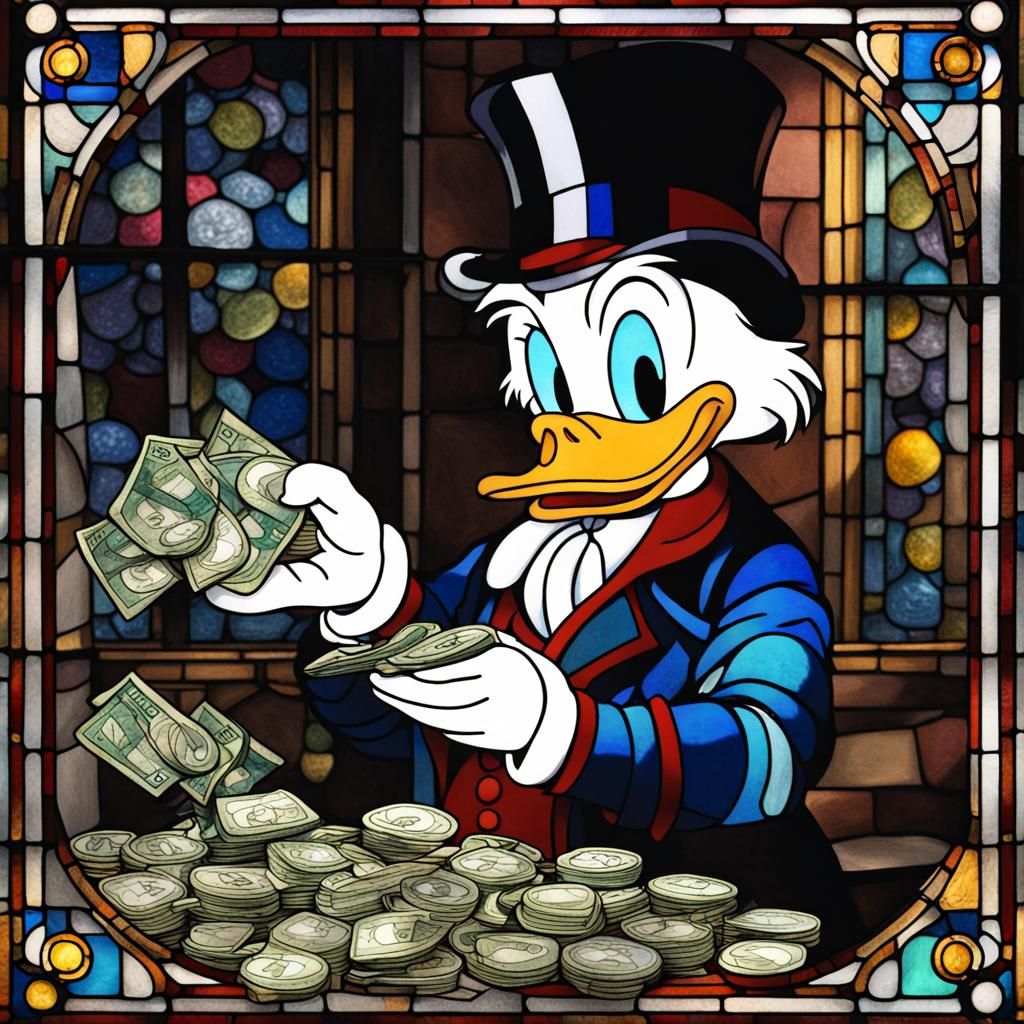 Scrooge McDuck Counting Money in Stained Glass