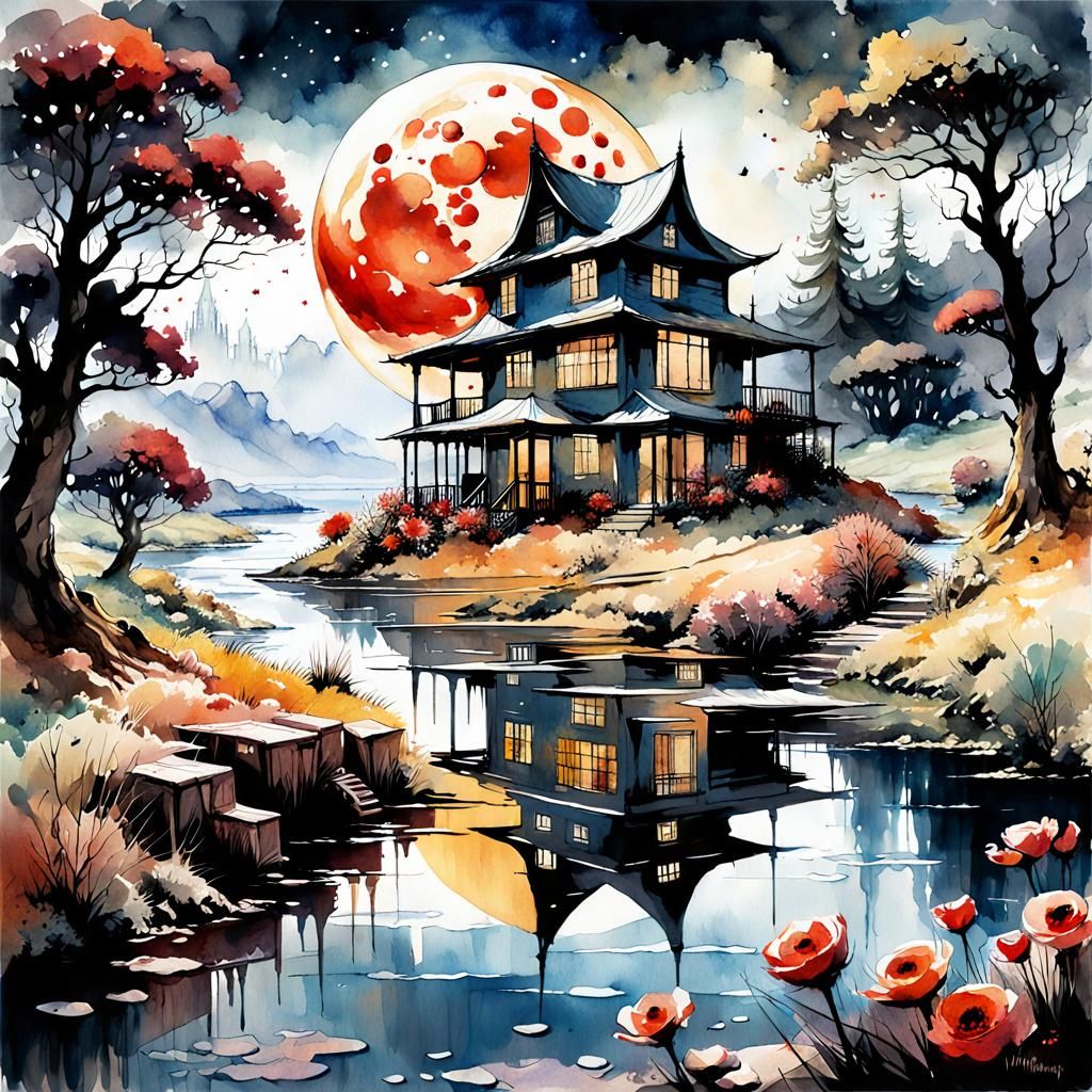Blood Moon River Landscape in Watercolor Art Style