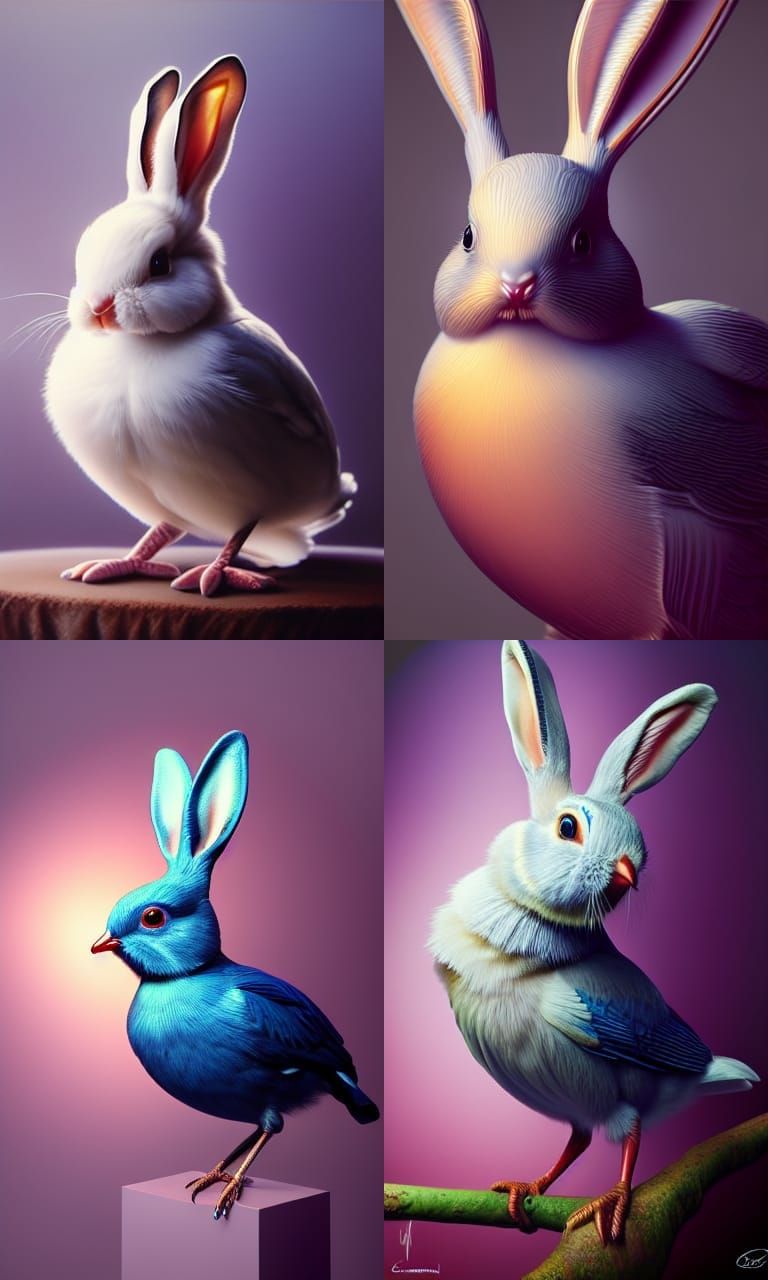 Retrofuturist Bird Bunny Acrylic Oil Painting