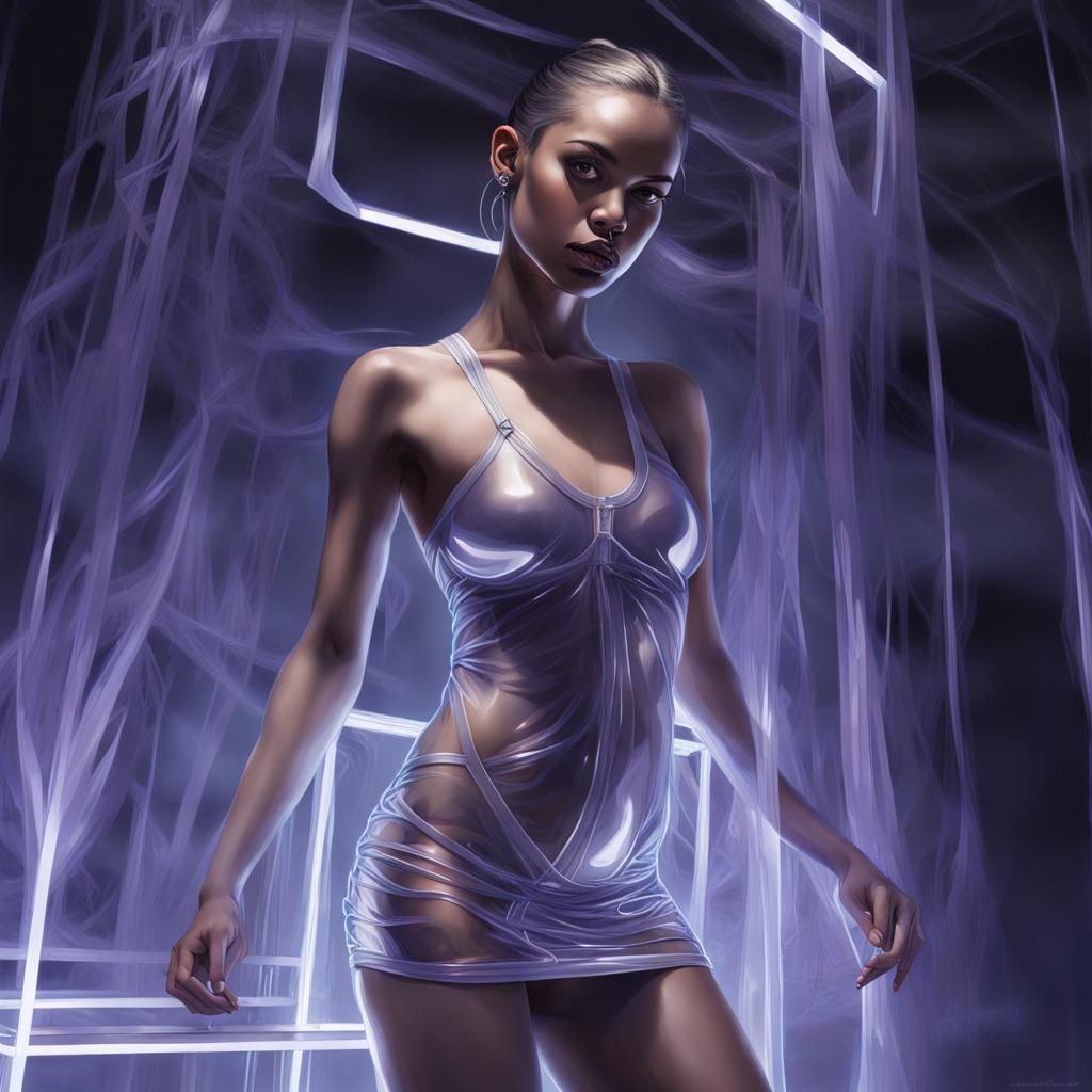 Revealing Fashion Model in Ultraviolet Techno Interior