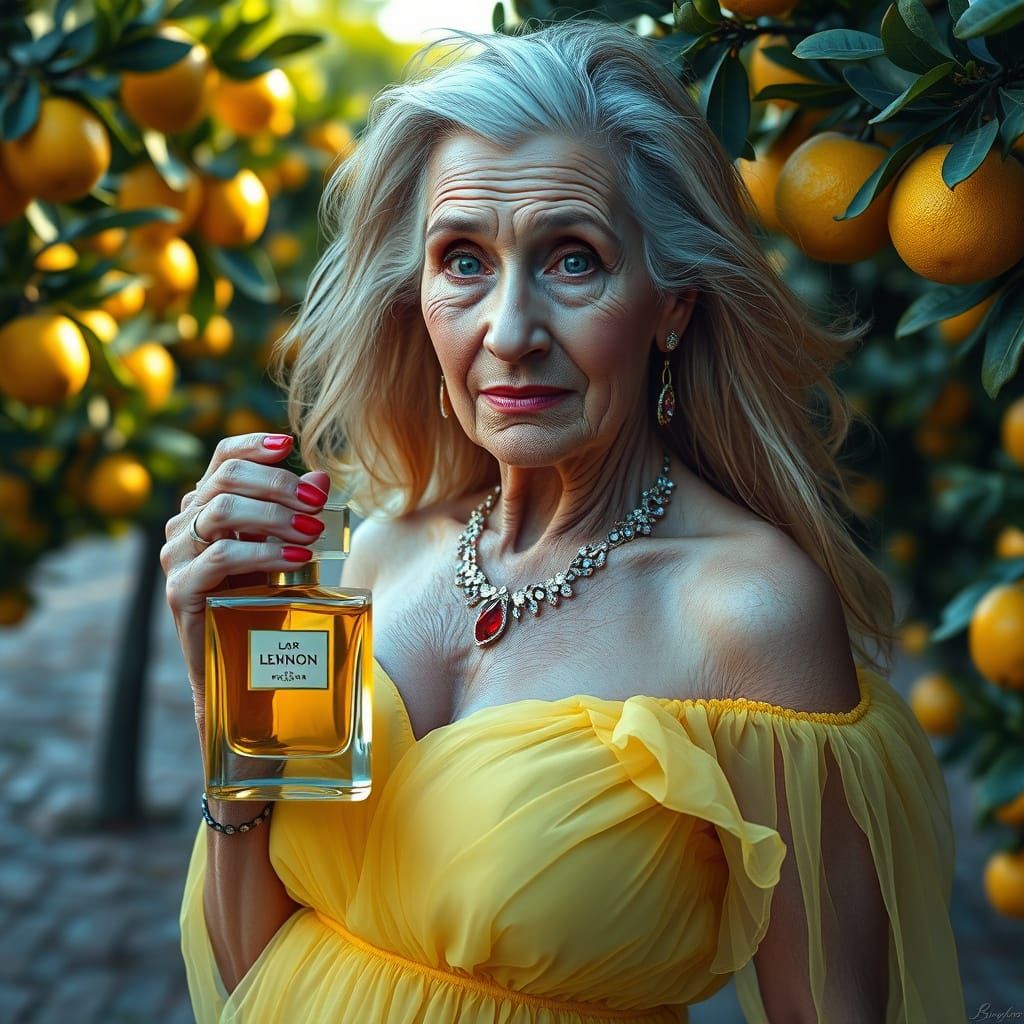 Golden Haired Figure in Citrus Grove Advertisement