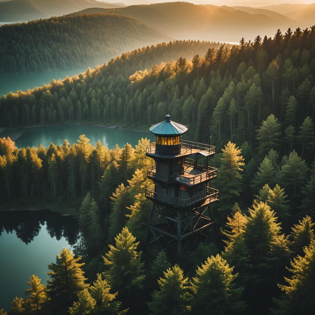 Forest Watch Tower at Sunrise: Cinematic Film Still