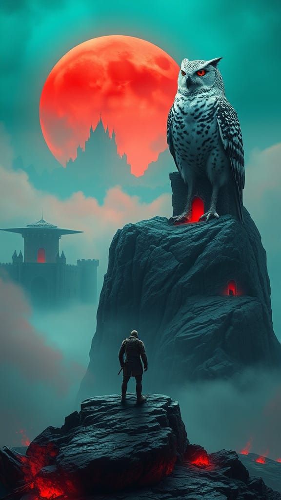 Dark Surrealism Castle Awaits Doom in Blood-Scarred Landscap...