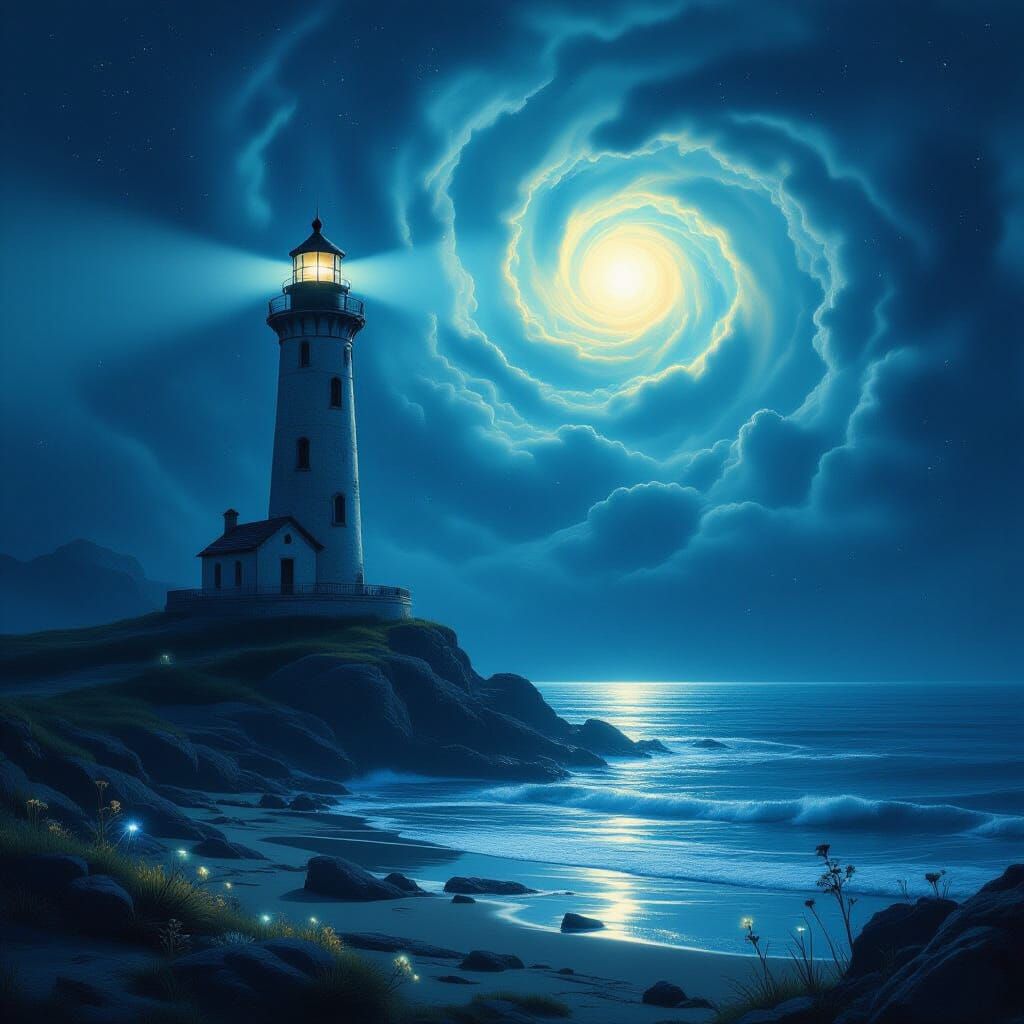 Cosmic Lighthouse Amidst Nebula and Bioluminescent Ocean