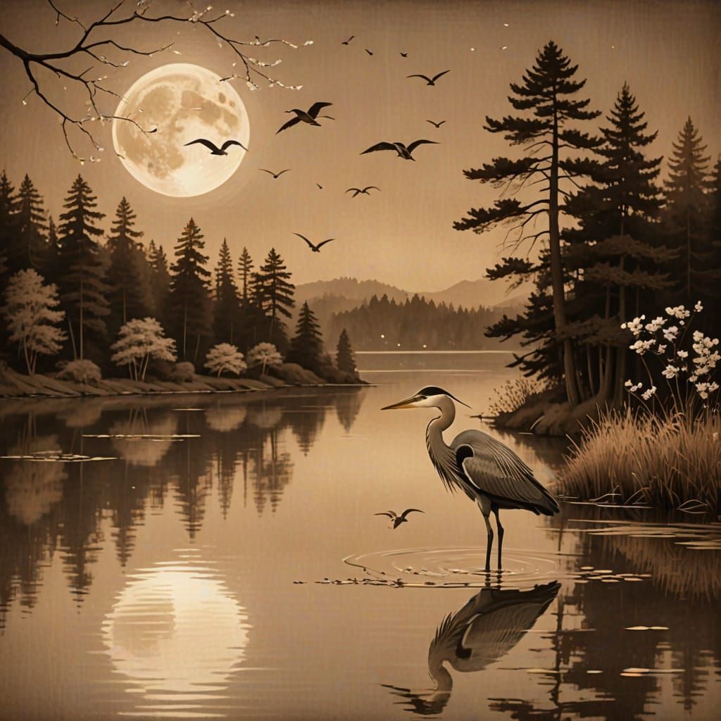 Heron by Moonlit Lake in Sepia Tones