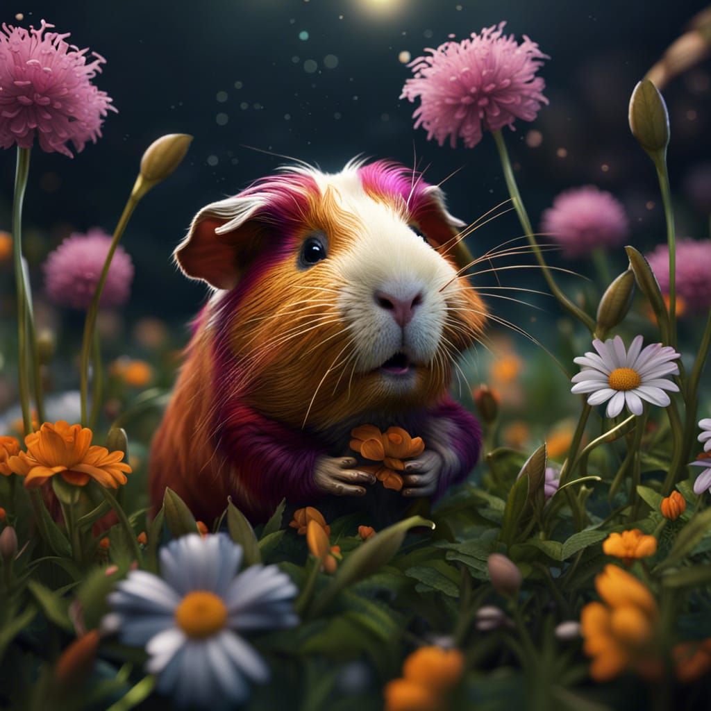 Cute Guinea Pig Munching Flower: Detailed Digital Painting