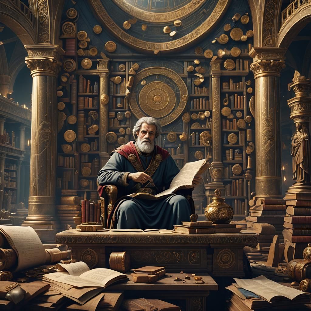 the moment when Aristotle, surrounded by scrolls, engages in deep contemplation while perusing the vast collection of kn...