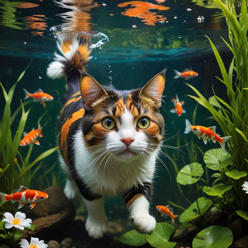 Calico Cat's Underwater Gaze: A Fish Tank Perspective