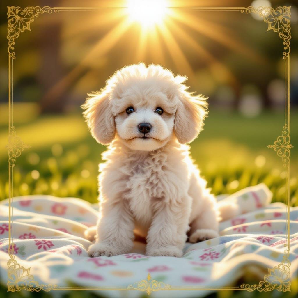Happy Poodle Puppy in Symmetrical Vintage Park Scene
